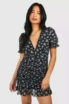 Мини-платье Petite со сборками и цветочным принтом boohoo, черный