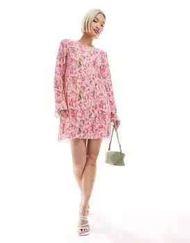 Мини-платье Pieces с длинными рукавами и плиссировкой в розовом цветочном узоре