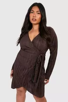 Мини-платье Plus с запахом и плиссировкой boohoo, коричневый