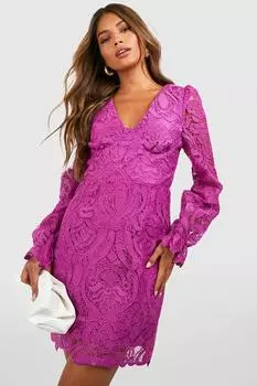 Мини-платье премиум кружевное блузон с рукавами Boohoo, фиолетовый