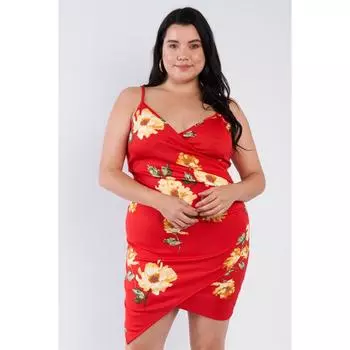 Мини-платье размера плюс с цветочным принтом и V-образным вырезом, приталенное, шикарное FASHNZFAB, красный