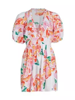 Мини-платье Reina с глубоким вырезом и цветочным принтом Poupette St Barth, оранжевый
