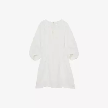 Мини-платье Reiss из льна с вырезом на шее и объемными рукавами, белый