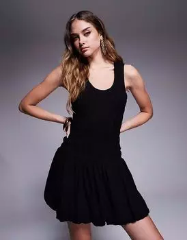Мини-платье River Island из льна с пуховым узором черного цвета