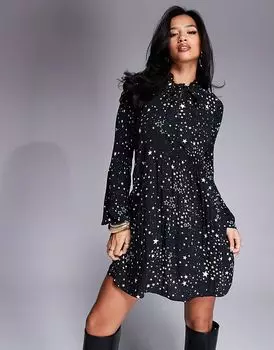 Мини-платье River Island Petite черного цвета со звездным принтом и складками