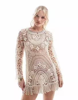 Мини-платье River Island, связанное крючком, кремового цвета