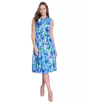 Мини-платье-рубашка из хлопка с принтом и поясом Petite Cotton Printed Tie-Waist Shirtdress Jessica Howard, синий