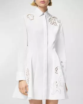Мини-платье-рубашка с длинными рукавами из хлопкового поплина с вышивкой Baroque A Jour Versace, цвет Optical White