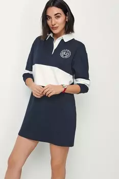 Мини-Платье-Рубашка с длинными рукавами воротником-поло и принтом Next, синий