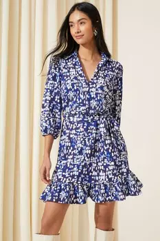 Мини-Платье-Рубашка с V-образным вырезом и поясом Friends Like These, синий