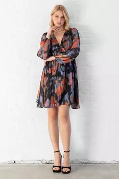 Мини платье с эластичной талией и V образным вырезом Lovedrobe, синий