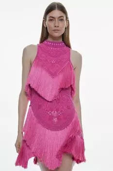 Мини-платье с бахромой и бисером на шее Karen Millen, фиолетовый