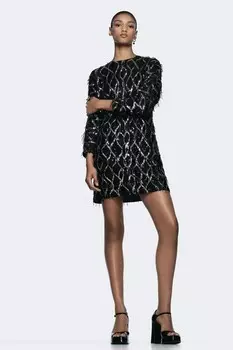 Мини-платье с бахромой и пайетками ZARA, черный/серебристый