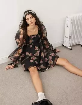 Мини-платье с бантом и принтом роз Miss Selfridge