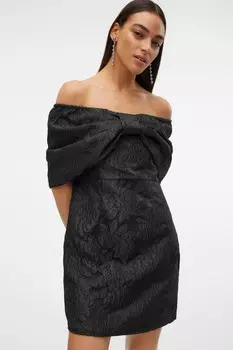Мини платье с бантом спереди и вырезом бардо из жаккарда Vero Moda, черный