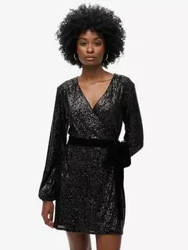 Мини-платье с бархатной оберткой из блесток Superdry, черный