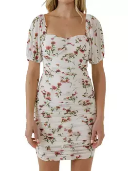Мини-платье с цветочной сеткой и рюшами и короткими рукавами Endless Rose, белый