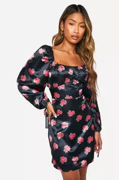 Мини-платье с цветочным принтом и пышными рукавами boohoo, черный