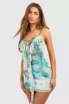 Мини-платье с цветочным принтом и рюшами на бретелях boohoo, зеленый