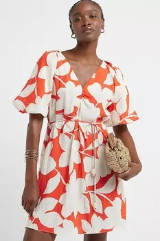 Мини платье с цветочным принтом и рукавами фонариками River Island, красный
