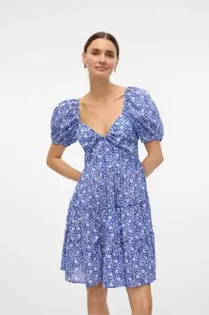 Мини платье с цветочным принтом и рукавами фонариками Vero Moda, синий
