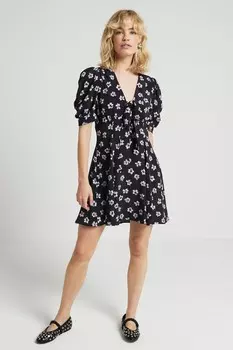 Мини платье с цветочным принтом и завязкой спереди River Island, черный