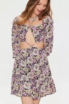 Мини-платье с цветочным принтом и вырезами Forever 21, черный