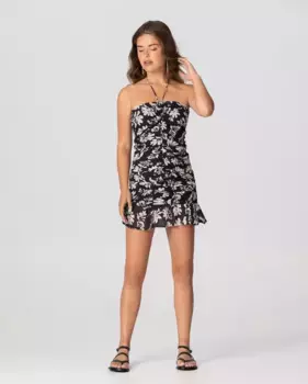 Мини-платье с цветочным принтом, рюшами и сборками Noon, черный