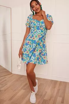 Мини-платье с цветочным узором и пышными рукавами Chi Chi London, зеленый