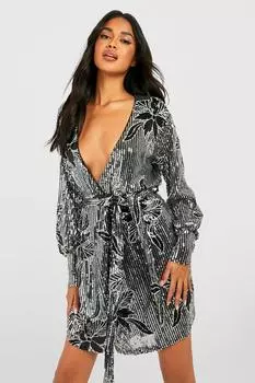 Мини-платье с цветочными пайетками и запахом Boohoo, черный