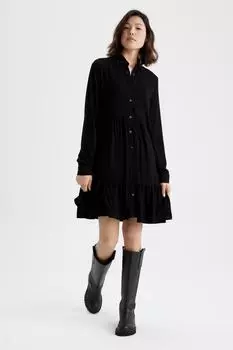 Мини-платье с длинным рукавом и воротником-рубашкой DeFacto, черный