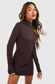 Мини-платье с длинным рукавом и высоким воротником Basics boohoo, коричневый