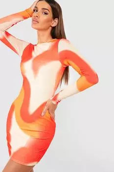 Мини-платье с длинными рукавами и абстрактным принтом Boohoo, оранжевый
