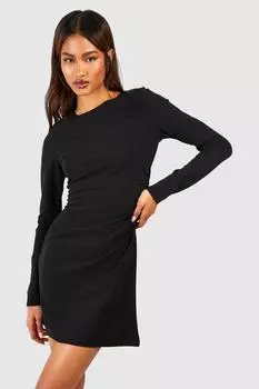 Мини-платье с длинными рукавами и сборкой по бокам boohoo, черный
