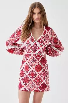 Мини-платье с длинными рукавами и кружевной вставкой на талии Coast, розовый