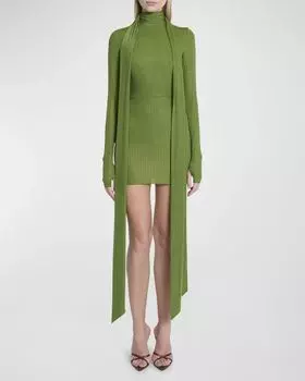 Мини-платье с длинными рукавами и шарфом, украшенное кристаллами Alex Perry, цвет Fern