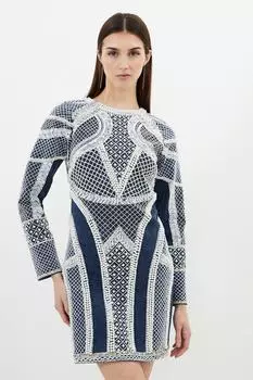 Мини-платье с длинными рукавами и жемчужным декором Karen Millen, синий