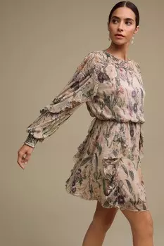 Мини платье с длинными рукавами и оборками Next, розовый