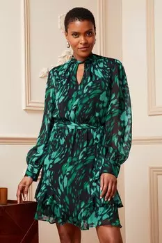 Мини-платье с длинными рукавами и рюшами на вырезе Love & Roses, зеленый