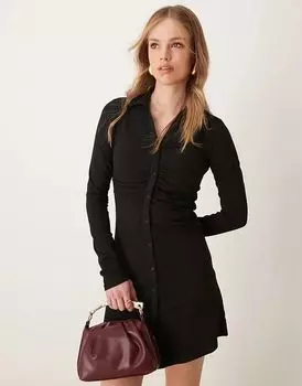 Мини-платье с длинными рукавами и сборками черного цвета New Look
