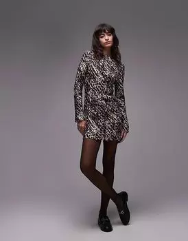 Мини-платье с длинными рукавами и леопардовым принтом Topshop