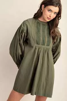 Мини-платье с длинными рукавами и кружевной отделкой FASHNZFAB, хаки