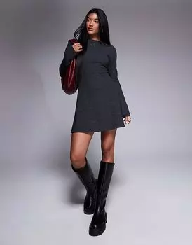 Мини-платье с длинными рукавами и расклешенной юбкой ASOS DESIGN темно-серого цвета с супермягкой отделкой