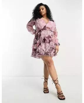 Мини-платье с длинными рукавами и круглым вырезом ASOS DESIGN Curve с лоскутным цветочным принтом ASOS DESIGN Curve ASOS Curve