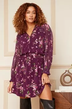 Мини-Платье с длинными рукавами из джерси с цветочным принтом Love & Roses, фиолетовый