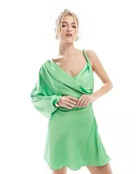 Мини-платье с драпировкой и перекрученной отделкой на одно плечо ярко-зеленого цвета ASOS DESIGN