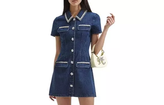 Мини-платье с джинсовым воротником Self-portrait, Denim Blue