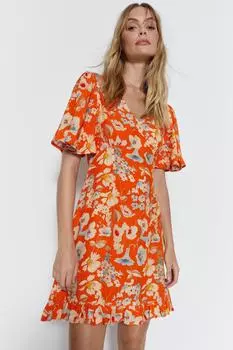 Мини-платье с глубоким вырезом и рукавами ангела с цветочным принтом Warehouse, красный