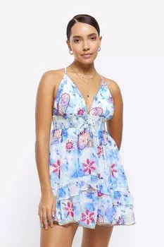 Мини-Платье с глубоким вырезом и эффектом тай-дай River Island, синий