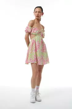 Мини-платье с глубоким вырезом и низкими плечами Зеленое QUZU